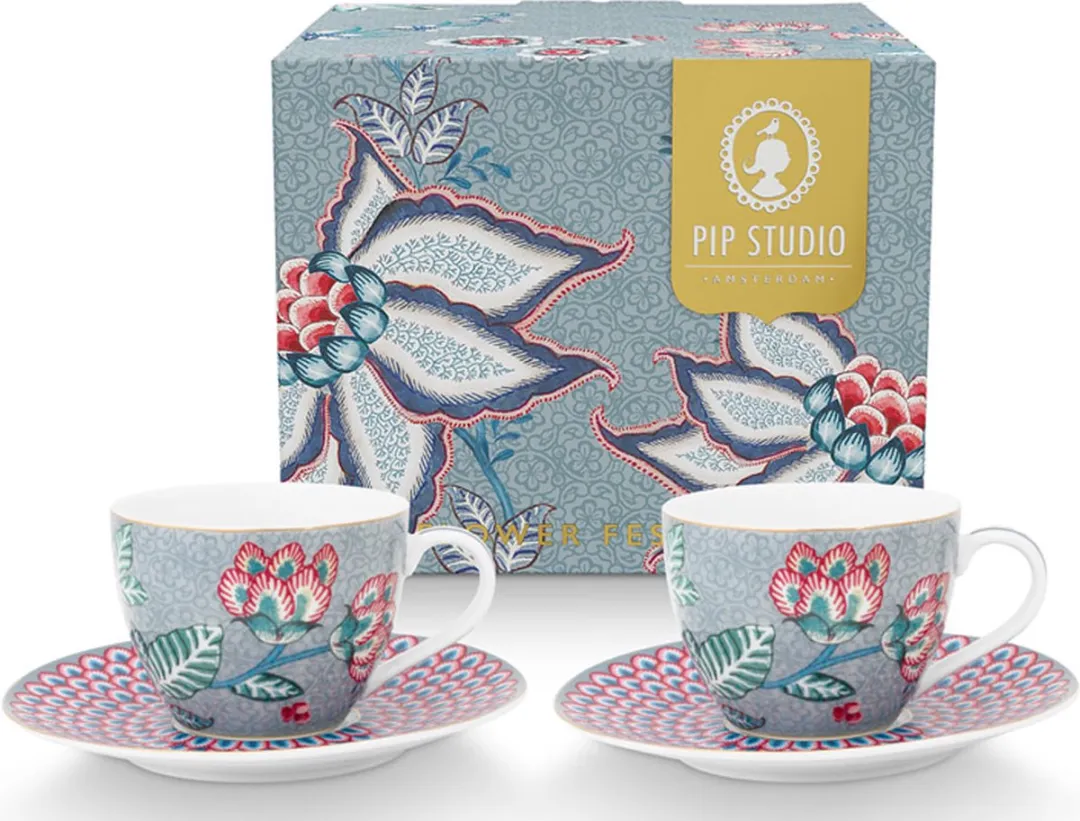 Pip Studio Flower Festival Espresso Kop & Schotel - 2 Stuks - Lichtblauw