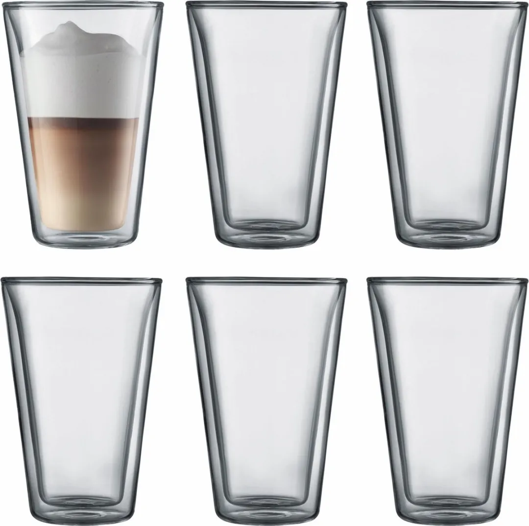 Bodum Dubbelwandige Latte Macchiato Glazen Canteen – 400 ml – 6 Stuks – Grote Glazen van Hittebestendig Borosilicaatglas – Met Gepatenteerd Ventiel voor Veilig Drukbeheer – Dubbelwandig, Vaatwasser- en Magnetronbestendig – Voor Warme & Koude Dranken
