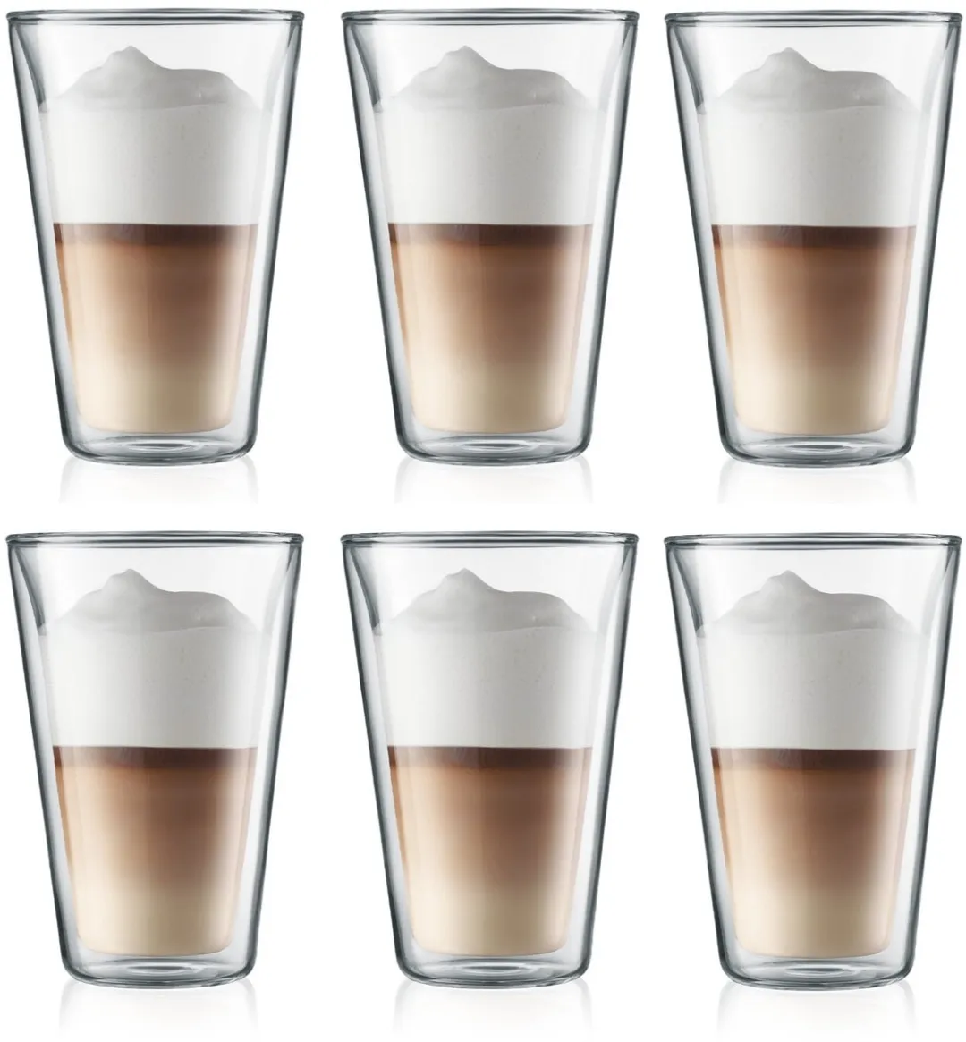 Bodum Dubbelwandige Latte Macchiato Glazen Canteen – 400 ml – 6 Stuks – Grote Glazen van Hittebestendig Borosilicaatglas – Met Gepatenteerd Ventiel voor Veilig Drukbeheer – Dubbelwandig, Vaatwasser- en Magnetronbestendig – Voor Warme & Koude Dranken