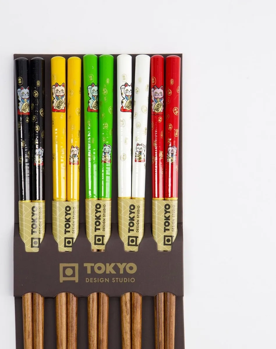 Tokyo Design Studio Lucky Cat Eetstokjes 5 Stuks - Bruin