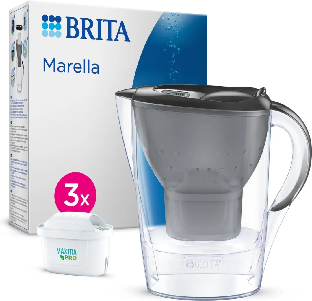 BRITA waterfilterkan Marella Cool graphite (2,4L) incl. 3x MAXTRA PRO All-in-1 filter die PFAS*, chloor en kalkaanslag vermindert - past in de koelkastdeur - met digitale vervangingsindicator
