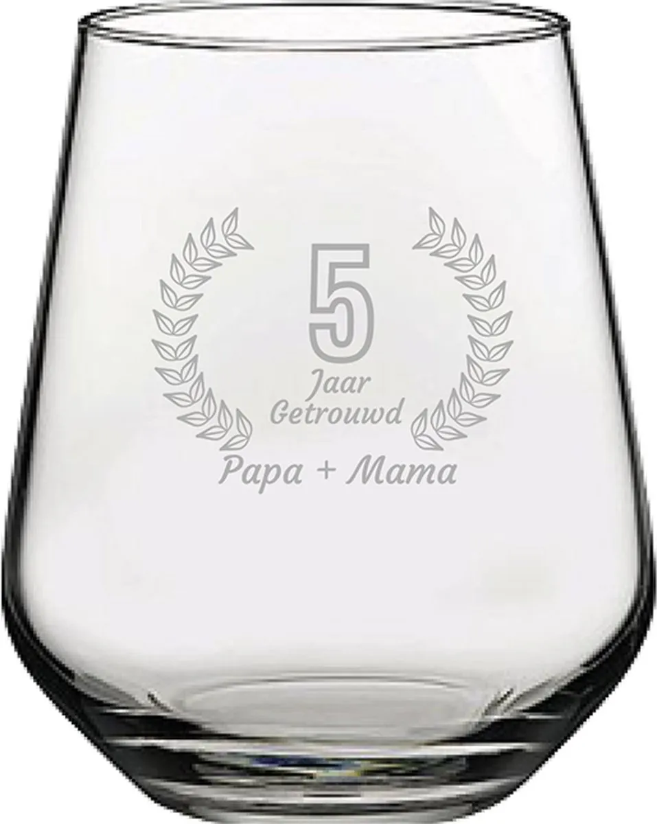 Pasabahce Gegraveerd Drinkglas Papa + Mama 5 Jaar Getrouwd