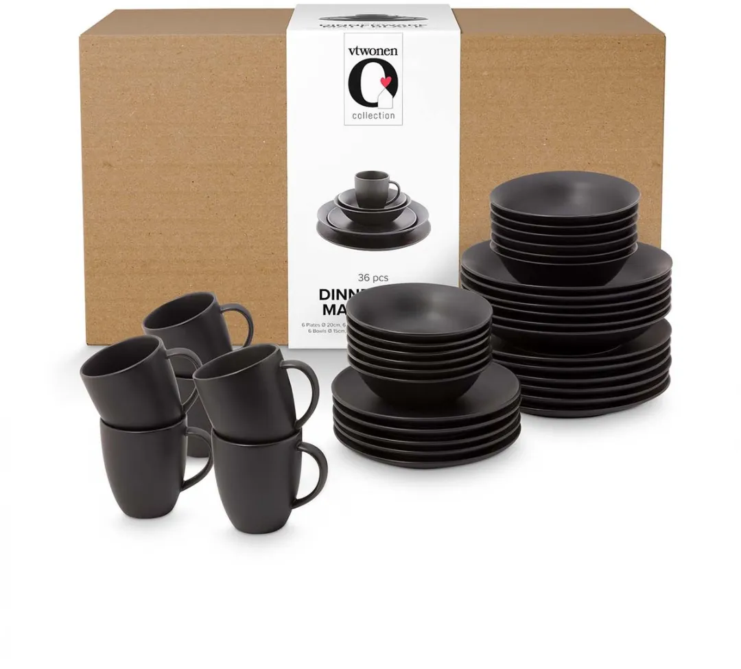 vtwonen Basic 52.020.015 Serviesset - 6 Personen - Porselein Zwart