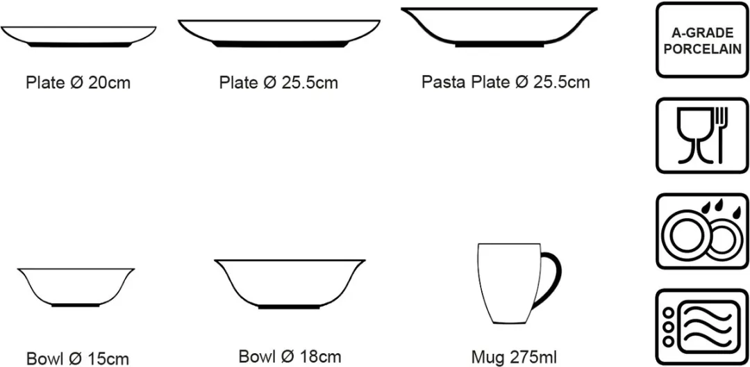 vtwonen Basic 52.020.015 Serviesset - 6 Personen - Porselein Zwart