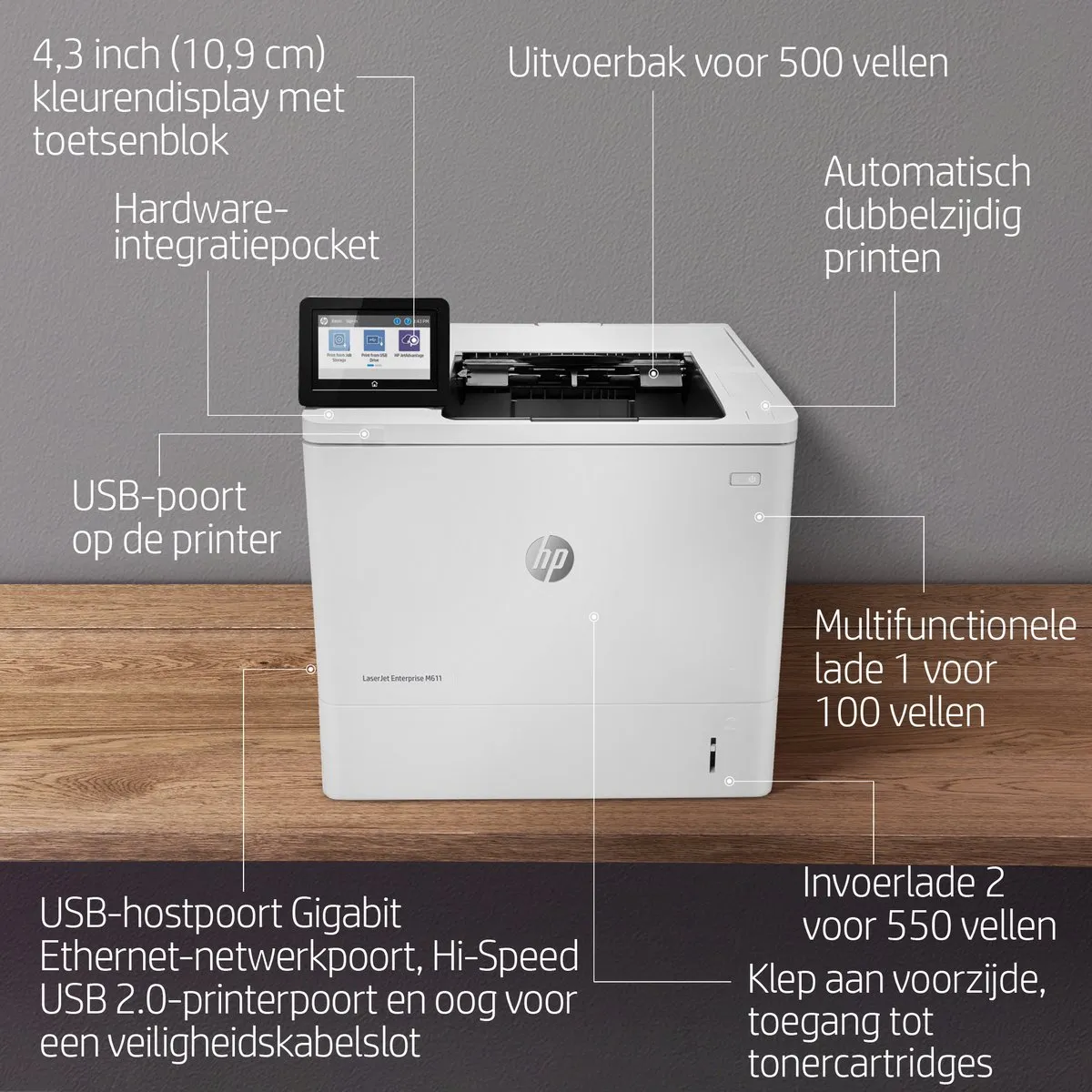 HP LaserJet Enterprise M611dn 7PS84A - B/W Printer - 2x 650 Vel - afbeelding 6 van 6