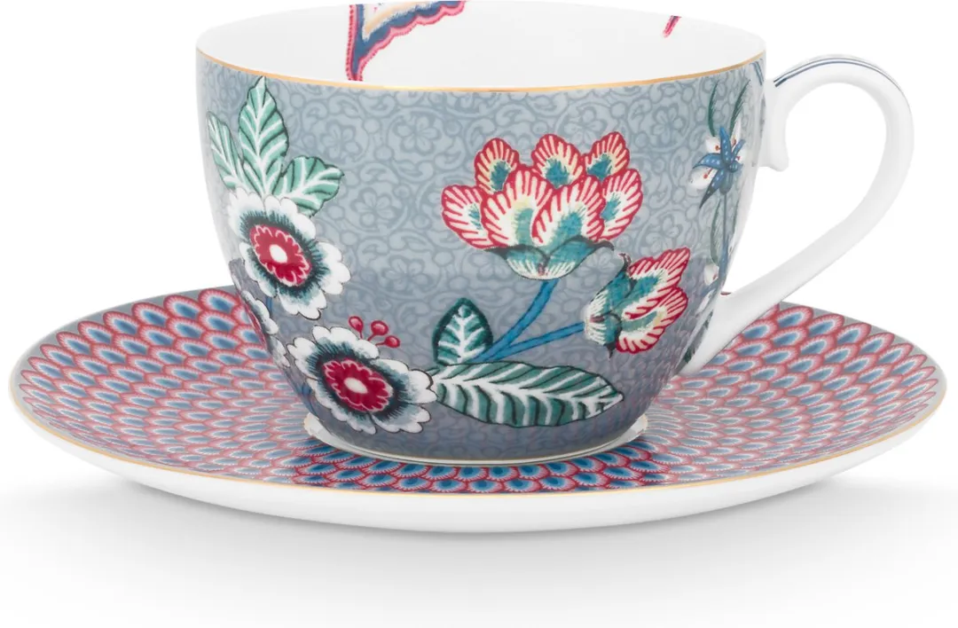 Pip Studio Flower Festival Kop & Schotel - Lichtblauw - 280ml - 2 Stuks