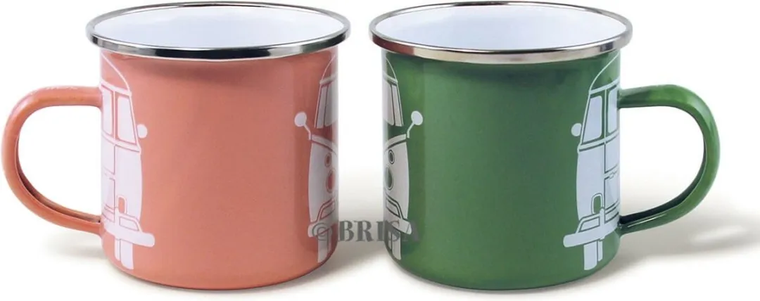 Volkswagen Collection T1 Bus Emaille Bekers - 2 Stuks - 360ml - Groen/Rozig