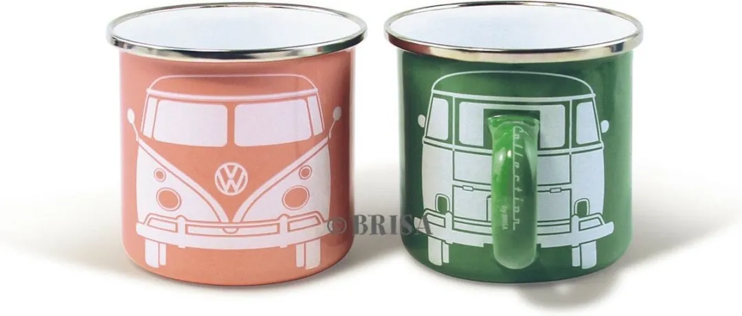 Volkswagen Collection T1 Bus Emaille Bekers - 2 Stuks - 360ml - Groen/Rozig