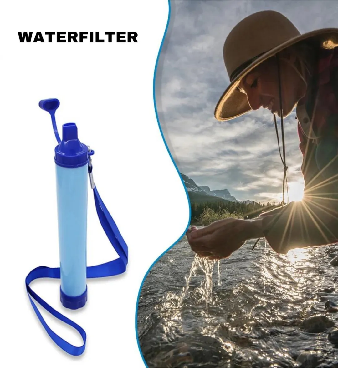 Clean Blue Waterfilter - Waterfles - Survival Kit - Camping - Zuiver & Schoon Water - Complete set - Kamperen - Outdoor - BPA Vrij - Filtert 1500 liter