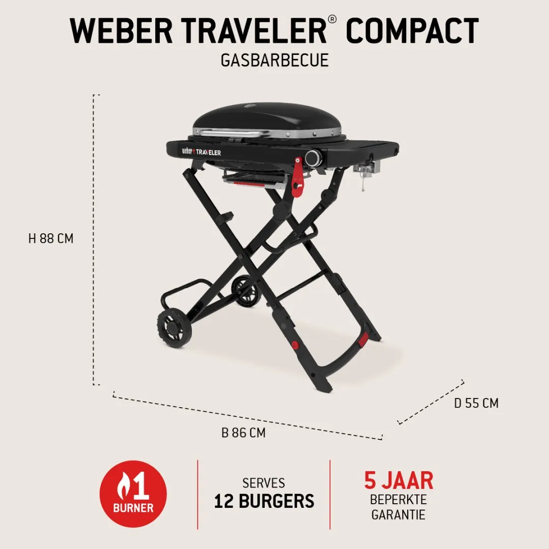 Weber Traveler Compact Gasbarbecue Stealth Edition - 12 Burgers - Zwart