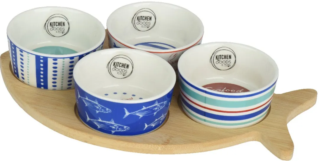 Decoris Houten Tapasplank Vis met 4 Schaaltjes