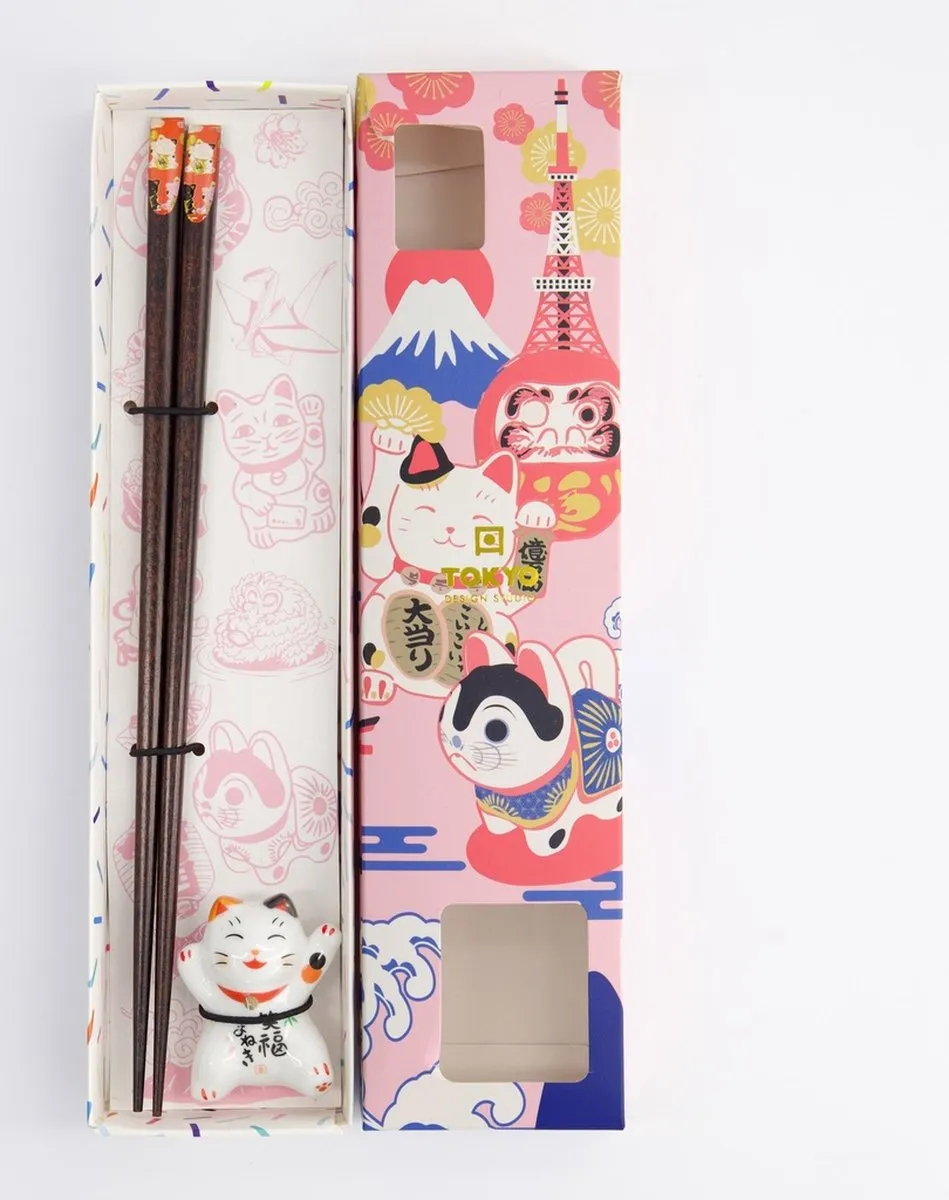 Tokyo Design Studio Lucky Cat E Eetstokjes - Donker hout