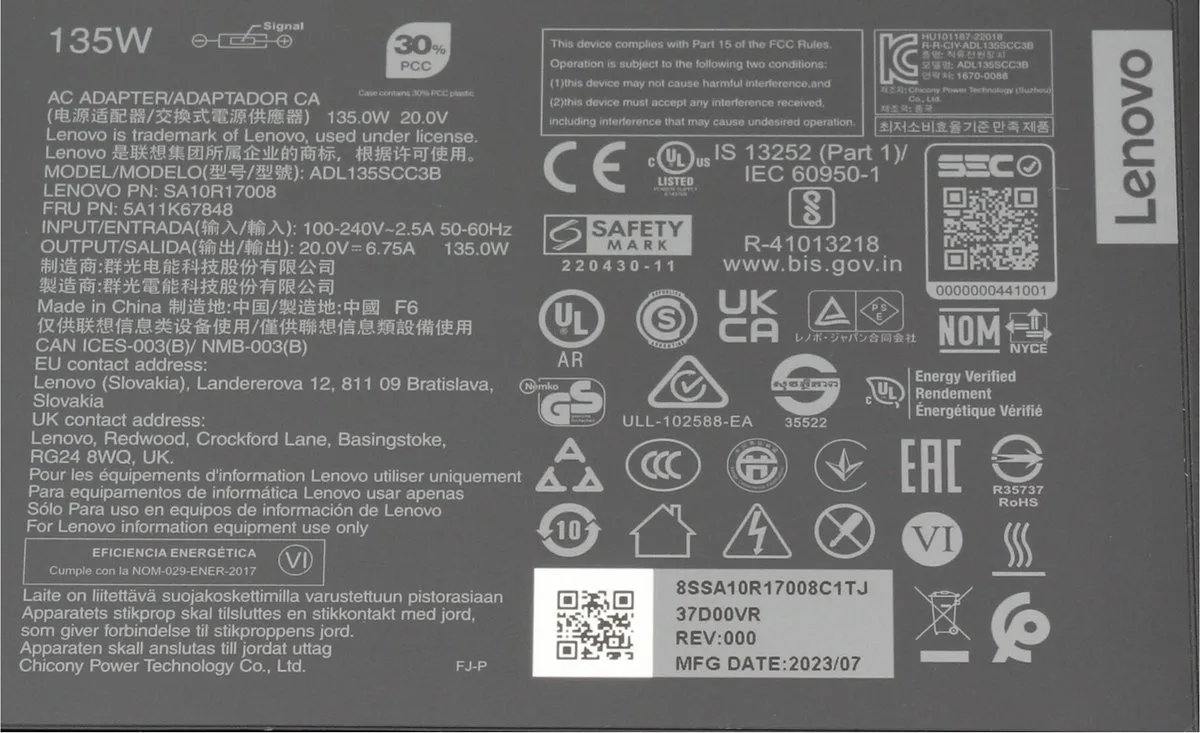 Lenovo GX21M52281 Oplader 135W - Zwart