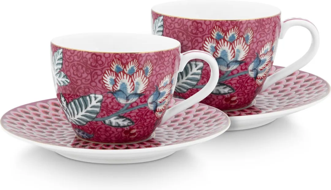 Pip Studio Flower Festival Espresso Kop & Schotel - 2 Stuks 120ml - Roze
