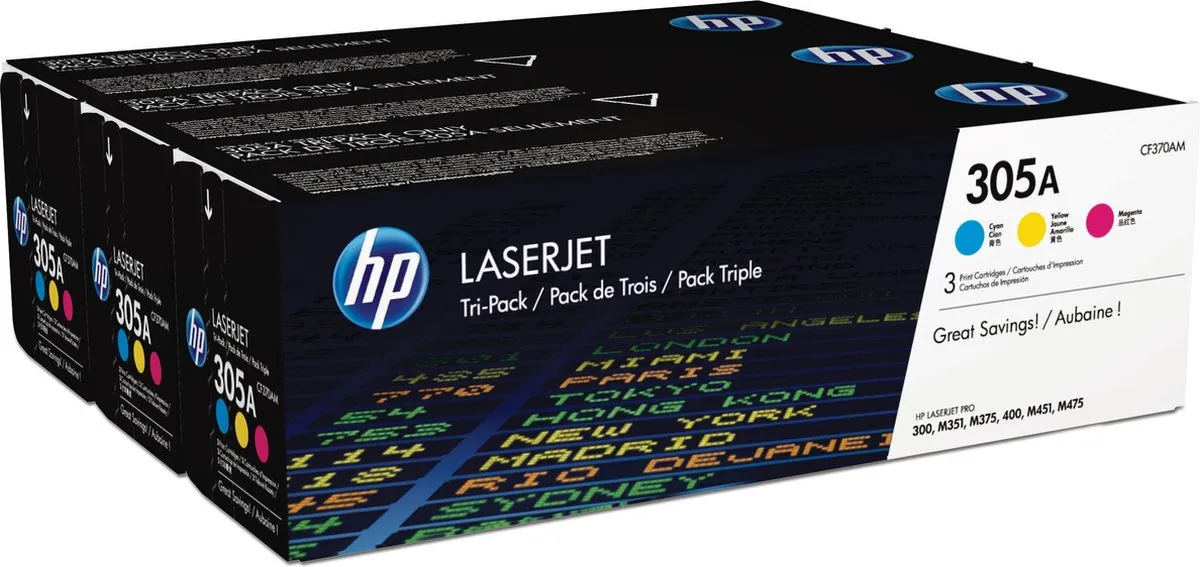 HP 305X Tonercartridge - 3 Stuks (Cyaan/Magenta/Geel) - 2.600 pagina's