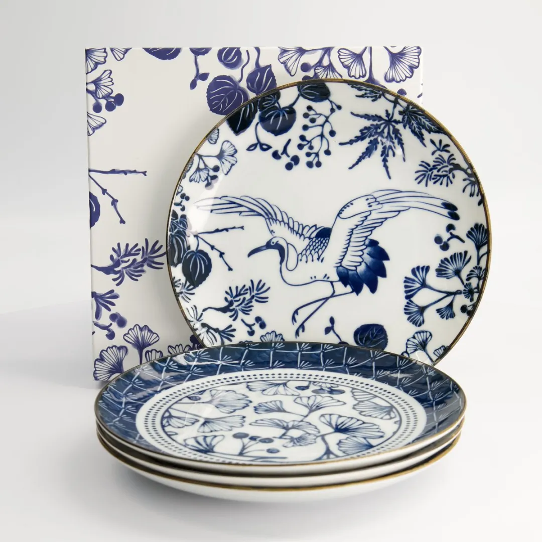 Tokyo Design Studio Flora Japonica Bord - Blauw/Wit - 21cm - 4 Stuks