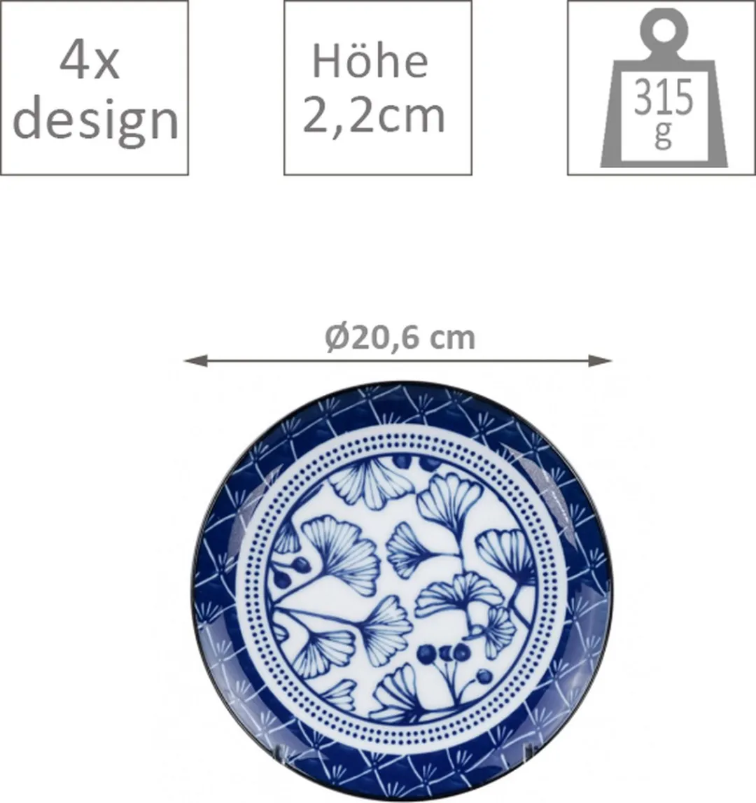 Tokyo Design Studio Flora Japonica Bord - Blauw/Wit - 21cm - 4 Stuks