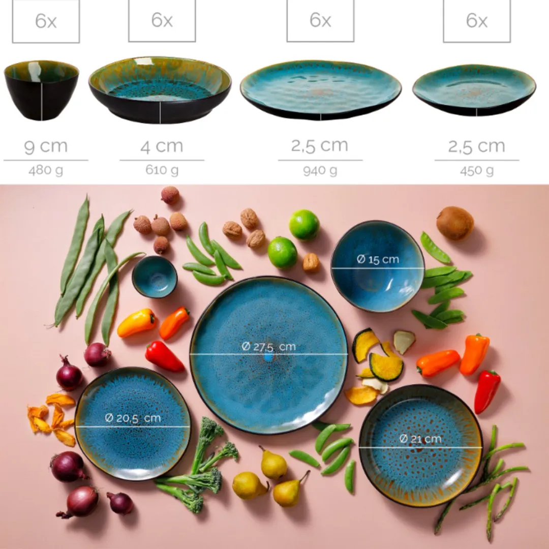Palmer Lotus Serviesset 24-delig - 6 Personen - Turquoise/Zwart - afbeelding 6 van 6