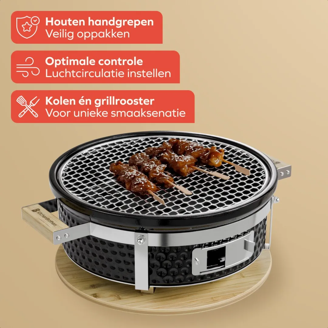 KitchenBrothers KB4232 Kamado Hibachi Grill - 27cm - 4 Burgers - Zwart