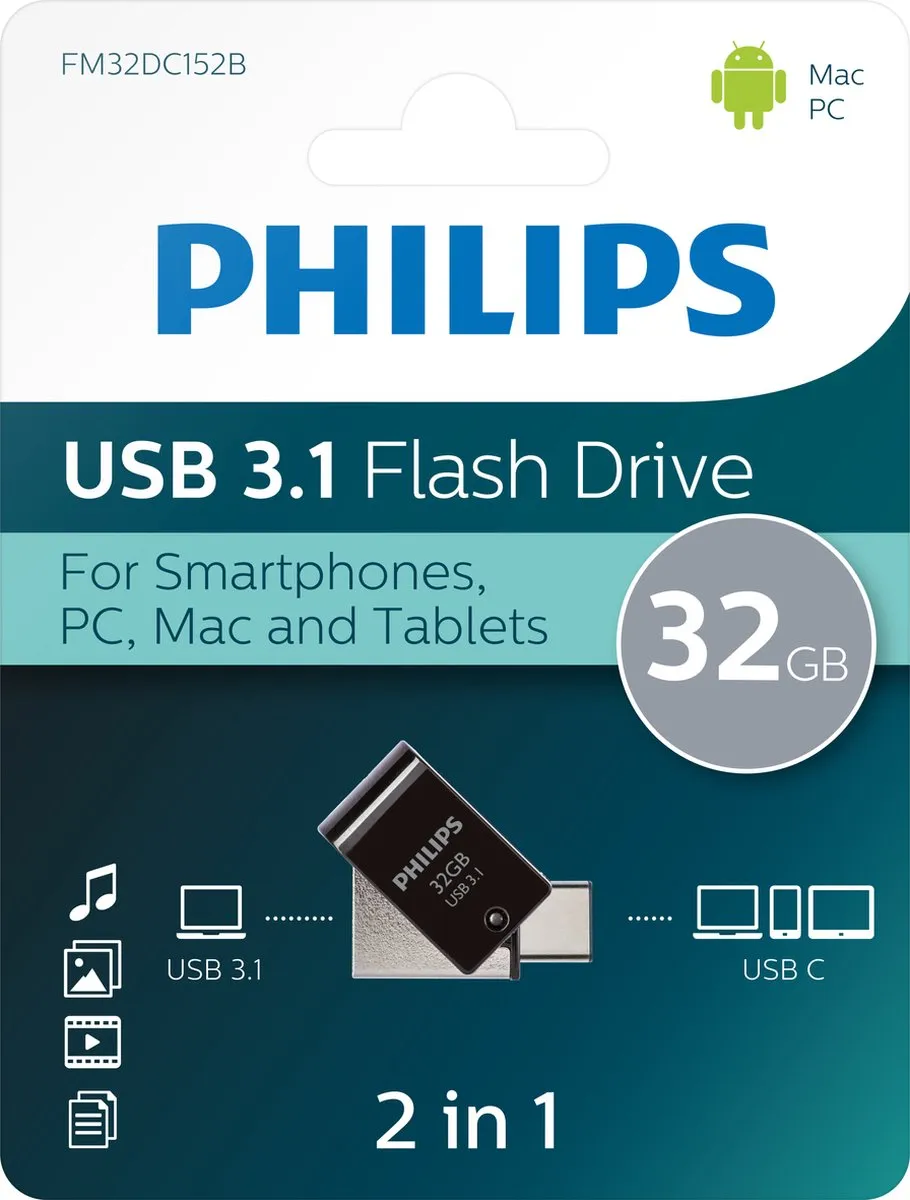 Philips 2-in-1 USB Stick 3.1/USB-C FM32DC152B - 32GB - Zwart
