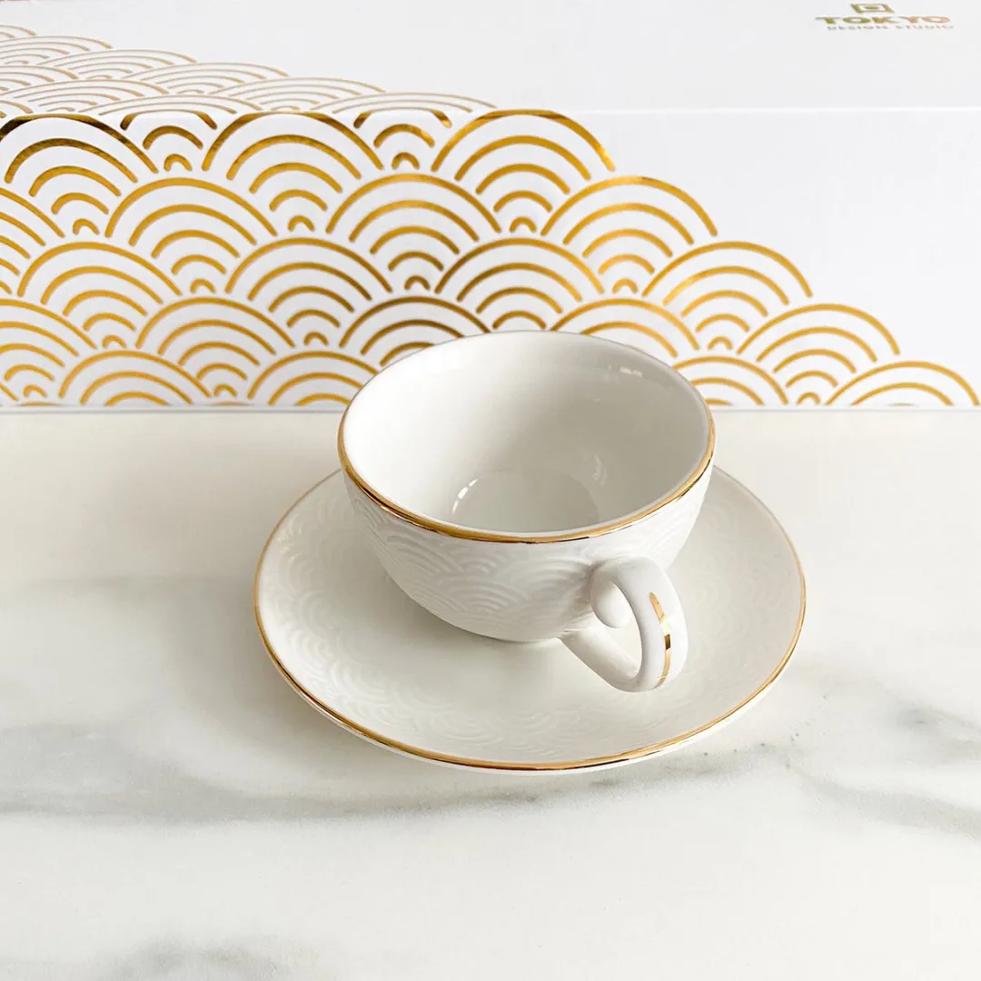 Tokyo Design Studio Nippon White Espresso Kopjes met Schotel - 4-delig 100ml - Wit/Goud