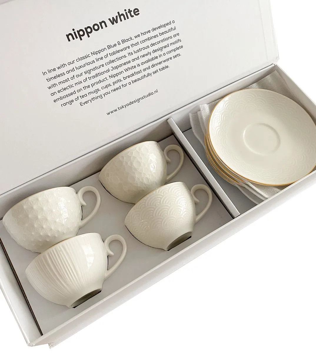 Tokyo Design Studio Nippon White Espresso Kopjes met Schotel - 4-delig 100ml - Wit/Goud