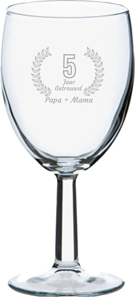Pasabahce Gegraveerd Wijnglas Papa + Mama 5 Jaar Getrouwd