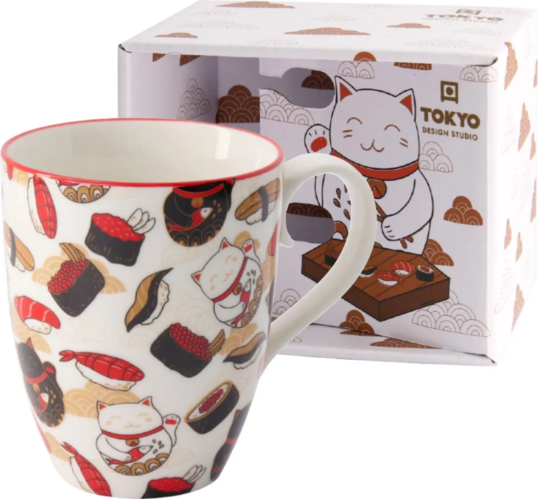 Tokyo Design Studio Kawaii Lucky Cat Mok 21530 - 380ml - Wit/Rood