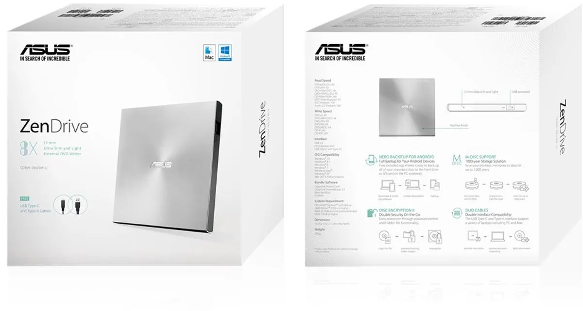 ASUS SDRW-08U9M-U/Silver DVD-Writer - Zilver