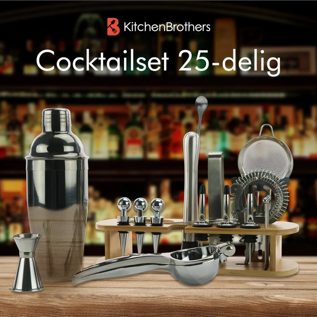 KitchenBrothers Cocktailset 25-delig - PFAS-vrij - Lichtbruin/Bamboe