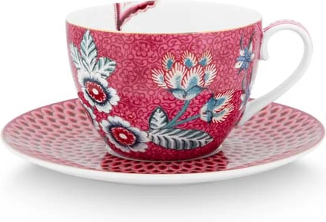 Pip Studio Flower Festival Kop & Schotel - Donkerroze - 280ml - Set van 2