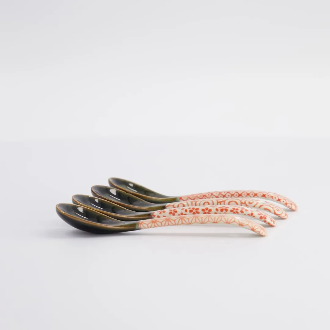 Tokyo Design Studio MU-8007/B Ramen Lepelset 4-delig - 12.5cm - Rood/Groen