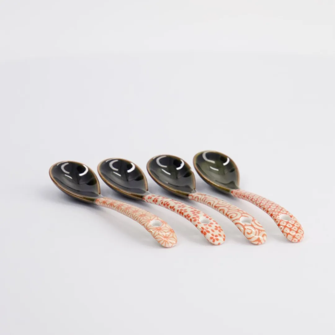 Tokyo Design Studio MU-8007/B Ramen Lepelset 4-delig - 12.5cm - Rood/Groen