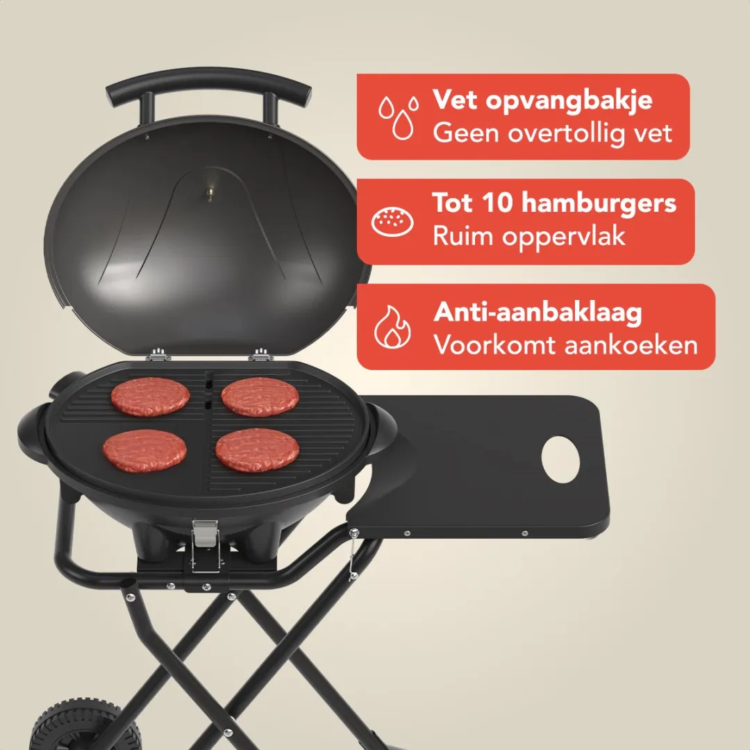 KitchenBrothers Elektrische BBQ KB1004102 - Opvouwbaar 2400W - 49cm - Zwart