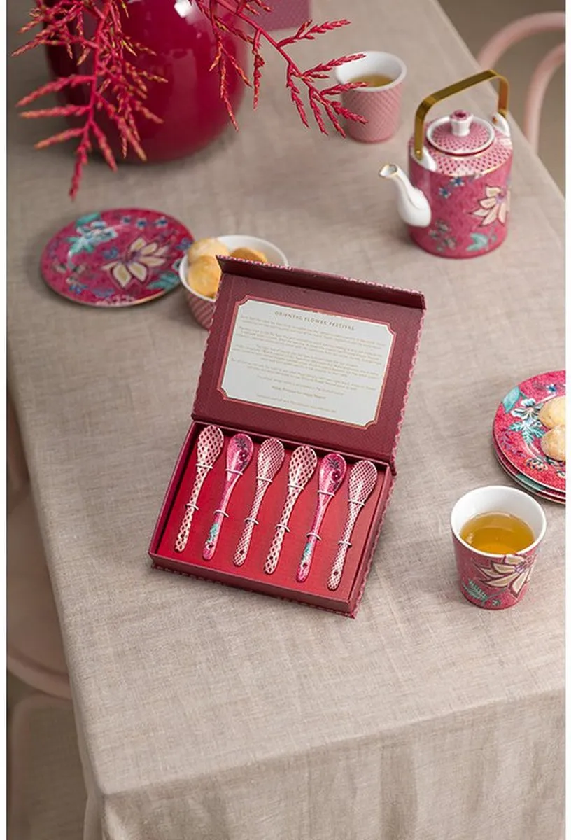 Pip Studio Oriental Flower Festival Theelepels - 4 Stuks - 13cm - Donkerroze