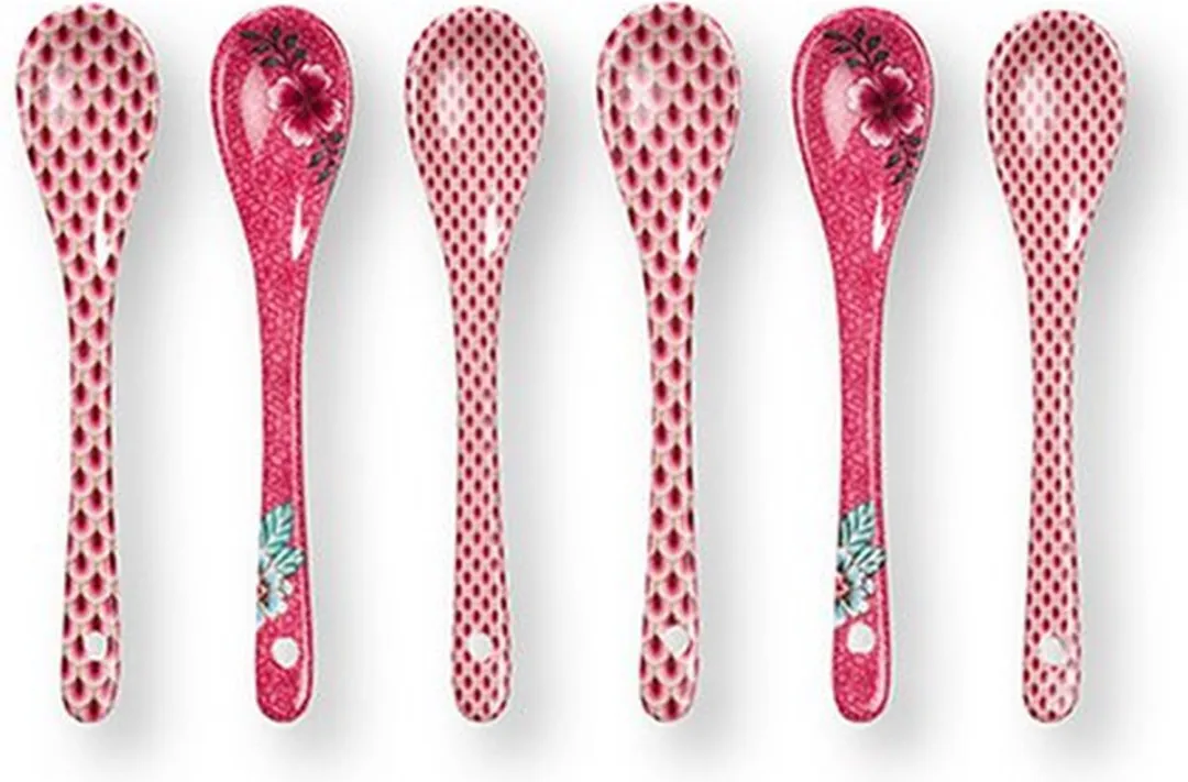 Pip Studio Oriental Flower Festival Theelepels - 4 Stuks - 13cm - Donkerroze
