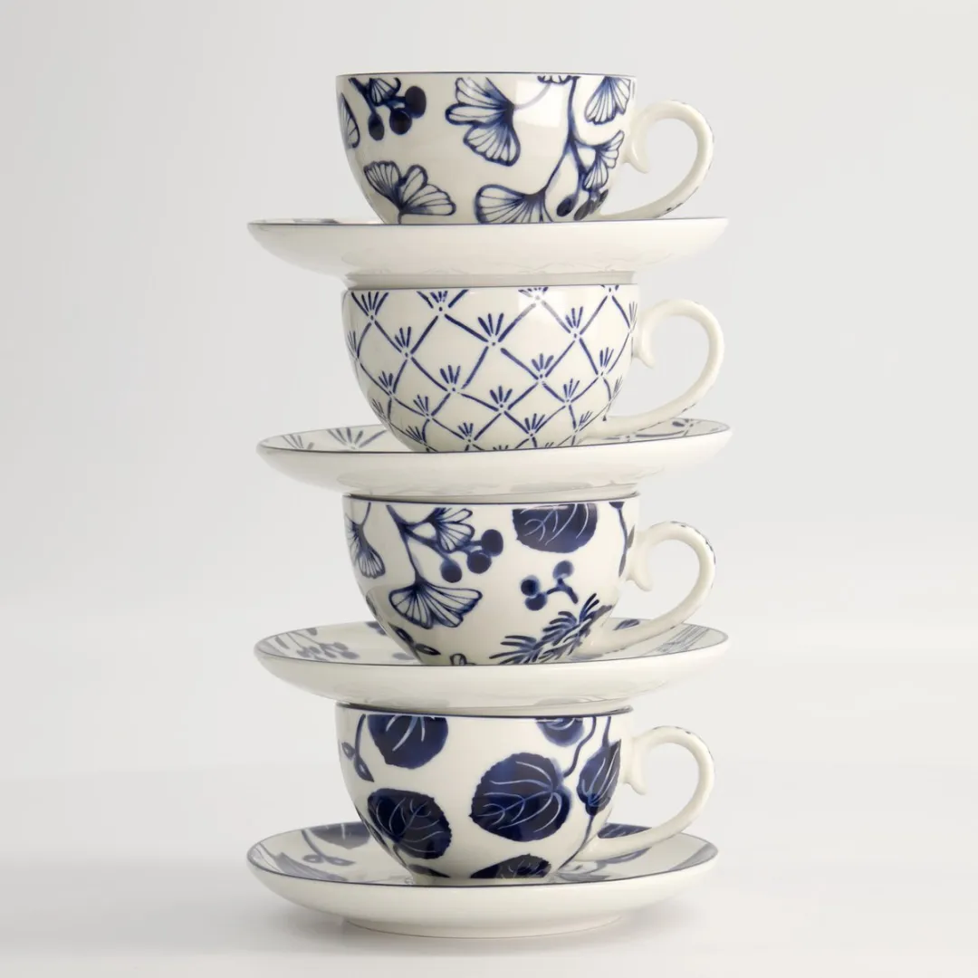 Tokyo Design Studio Flora Japonica Kop & Schotel - 4-delig 250ml - Blauw/Wit