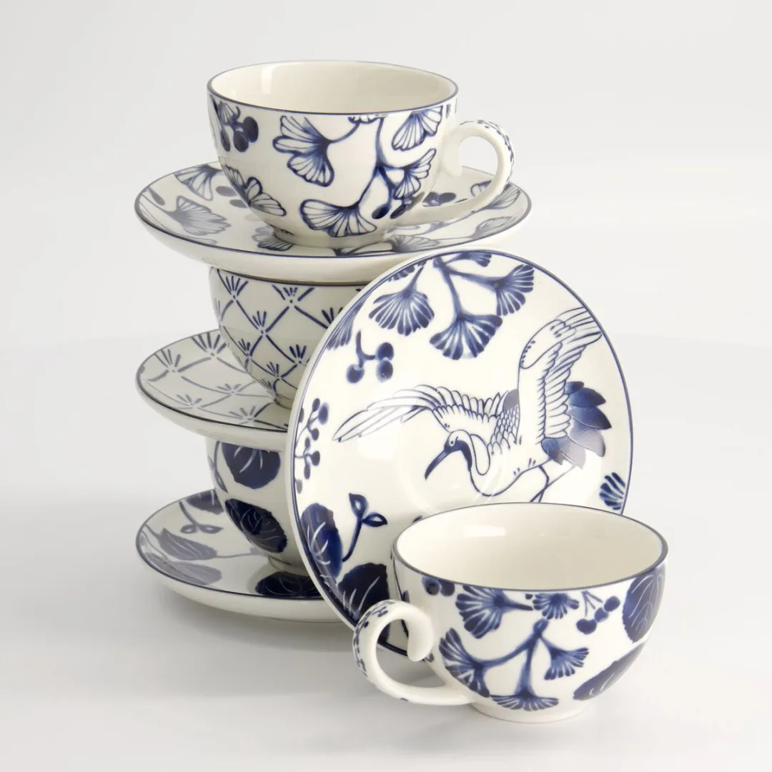 Tokyo Design Studio Flora Japonica Kop & Schotel - 4-delig 250ml - Blauw/Wit
