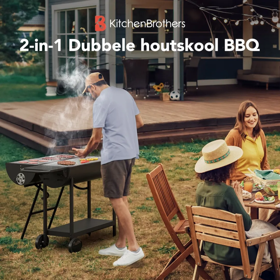 KitchenBrothers 2-in-1 Houtskool BBQ XL KB1004104 - 75cm - 42 Burgers - Zwart