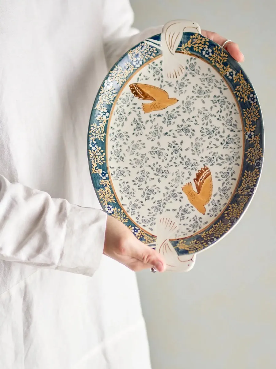 Bloomingville Hezha Aardewerk Dienblad - 34cm - Blauw
