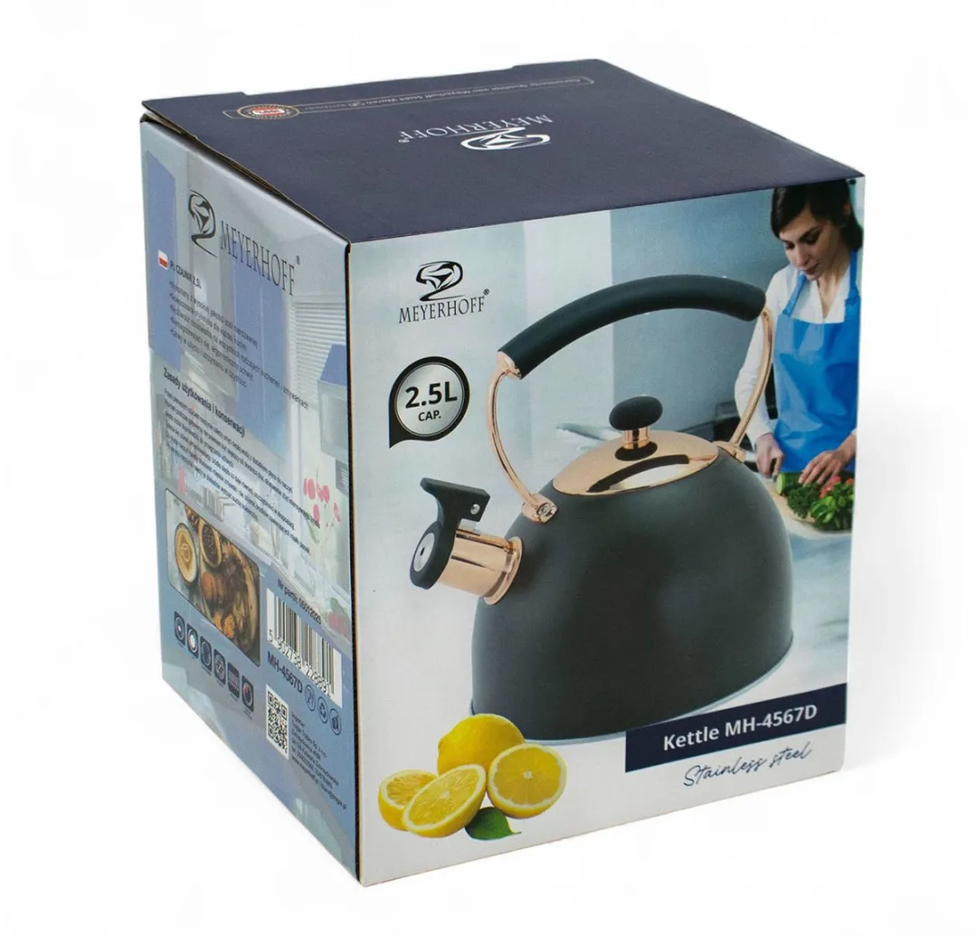 Meyerhoff Fluitketel 2,5L - Matzwart met koperaccenten