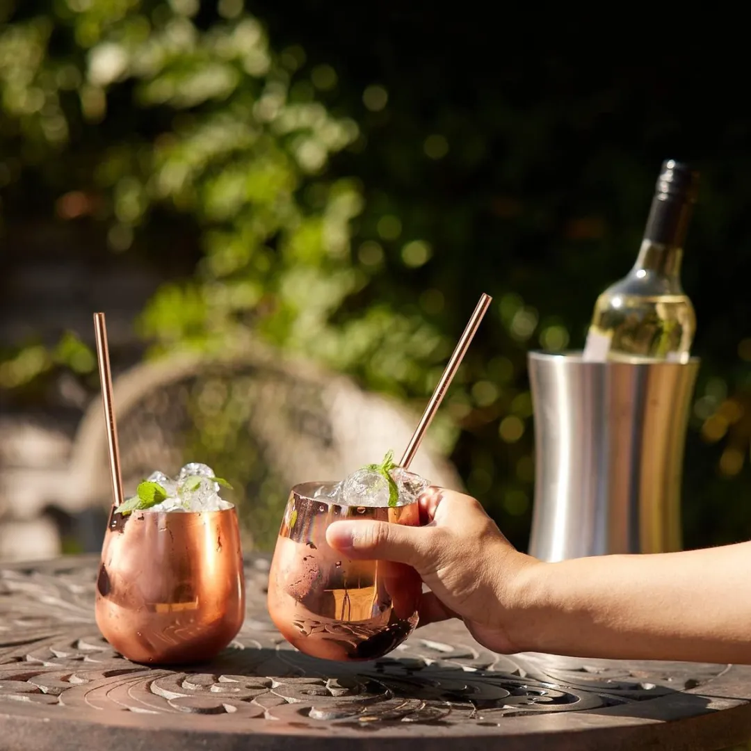 Pasabahce Roségouden Wijnglazen 350ml - 4 Stuks met Rietjes & Borstel - Koper - afbeelding 6 van 6
