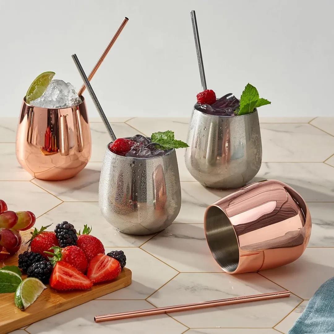 Pasabahce Roségouden Wijnglazen 350ml - 4 Stuks met Rietjes & Borstel - Koper