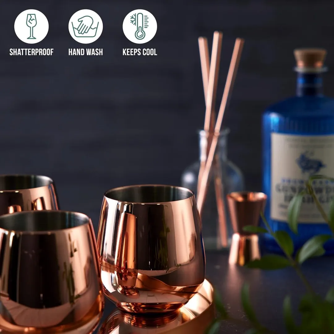 Pasabahce Roségouden Wijnglazen 350ml - 4 Stuks met Rietjes & Borstel - Koper