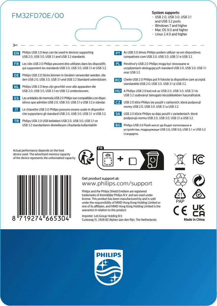 Philips USB Stick 2.0 32GB FM32FD70E - 4 Stuks - Grijs/Wit