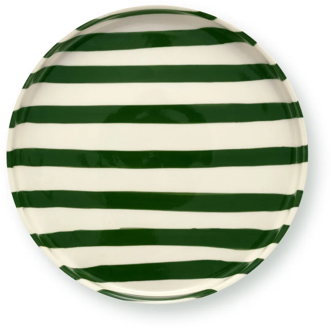 vtwonen Lunchbord Strepen 20cm - Donkergroen - Keramiek - 2 Stuks