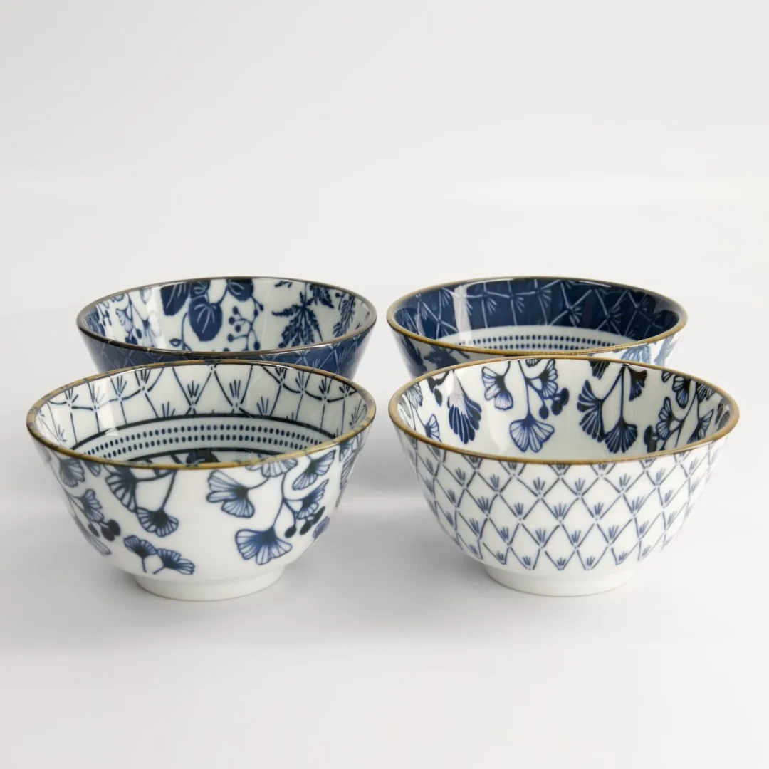 Tokyo Design Studio Flora Japonica Rijstkomset - 4x 300ml - Blauw/Wit