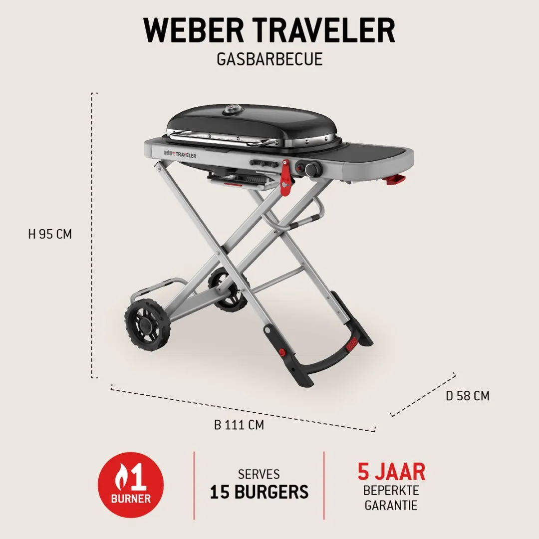 Weber Traveler Gasbarbecue 72cm - 15 Burgers - 1 Brander