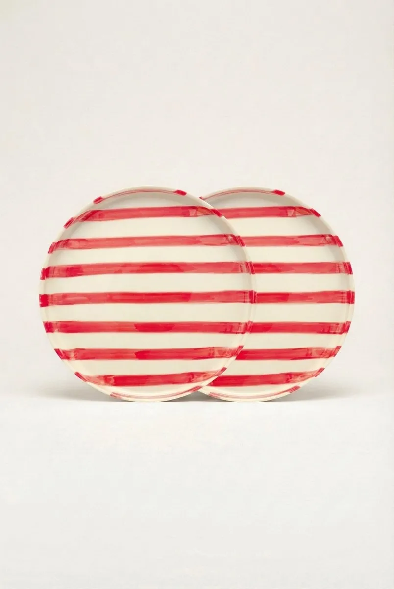 vtwonen Lunchbord Strepen Rood - 20cm - Keramiek - 2 Stuks