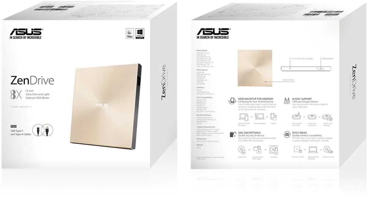 ASUS SDRW-08U9M-U/Gold ZenDrive U9M - Goud